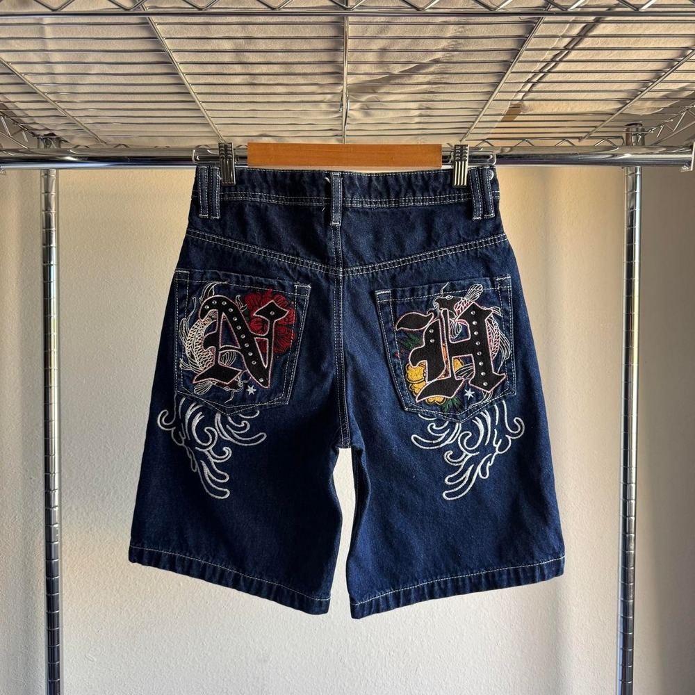 Idle Ntrhls Dark Wash Denim Jorts Embroidered Koi Rose Y2K Skater Baggy Mens 28